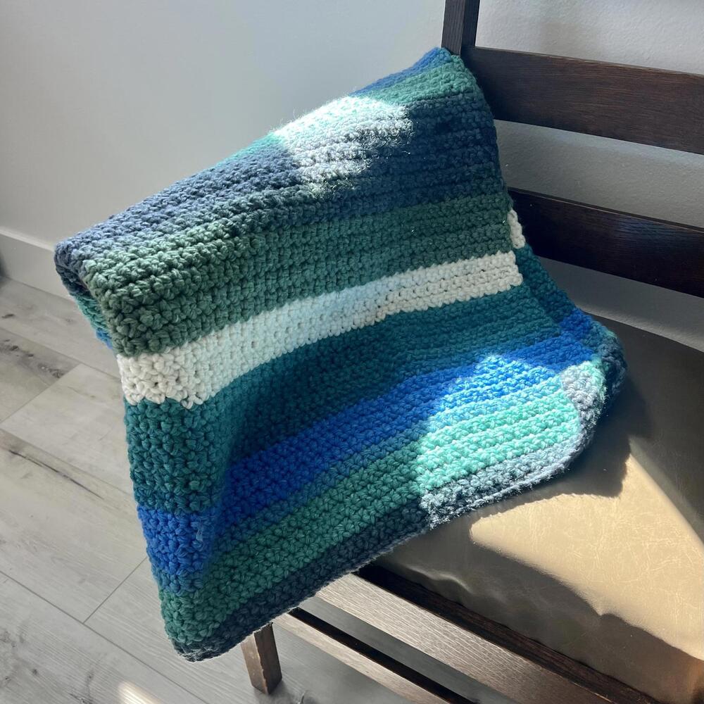 Vintage Handmade Knit Wool Blend Striped Blue Green Throw Blanket